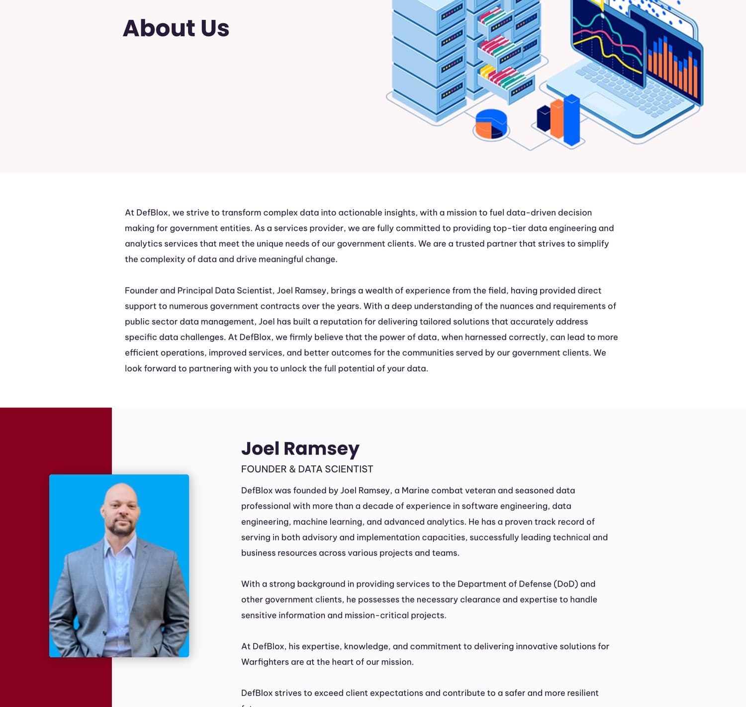 The about page leads with the firm's mission, then hands the story to founder and principal data scientist Joel Ramsey.