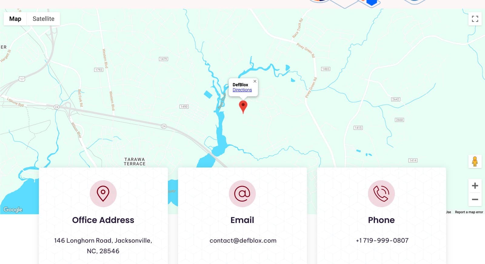 The contact page pairs a satellite map of DefBlox locations with the office address, direct email, and phone.