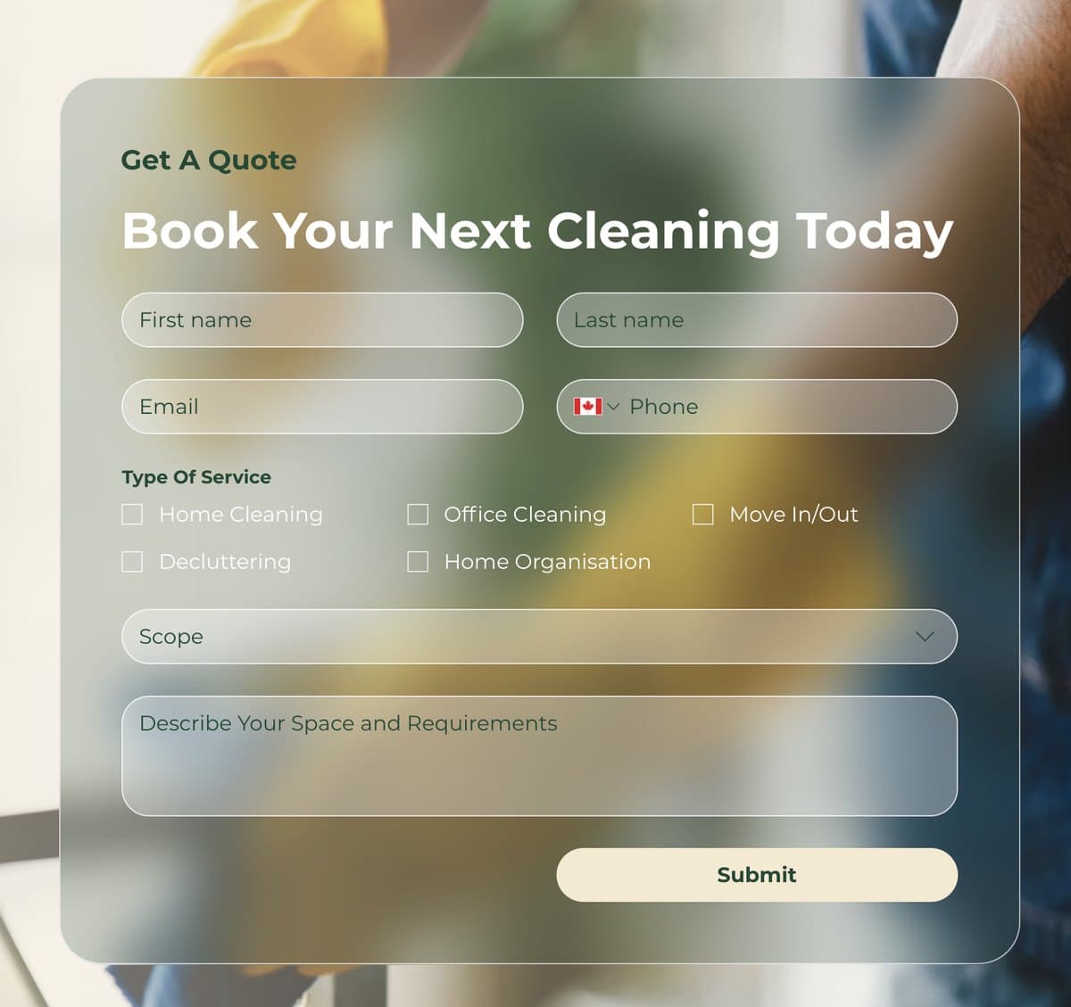 The booking card: every field earns its place, and the service checkboxes do the qualifying.