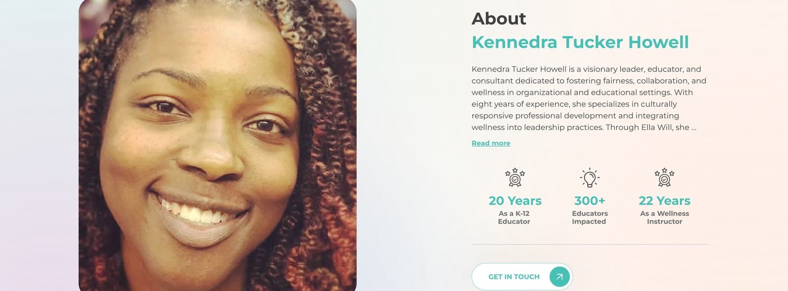 The about section pairs Kennedra's story with the numbers behind it: 20 years as a K-12 educator, 300+ educators impacted, 22 years as a wellness instructor.