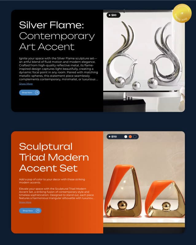 Product spotlights with their own staging: Silver Flame on black at $80, the Sculptural Triad on burnt orange at $110 with color variants.