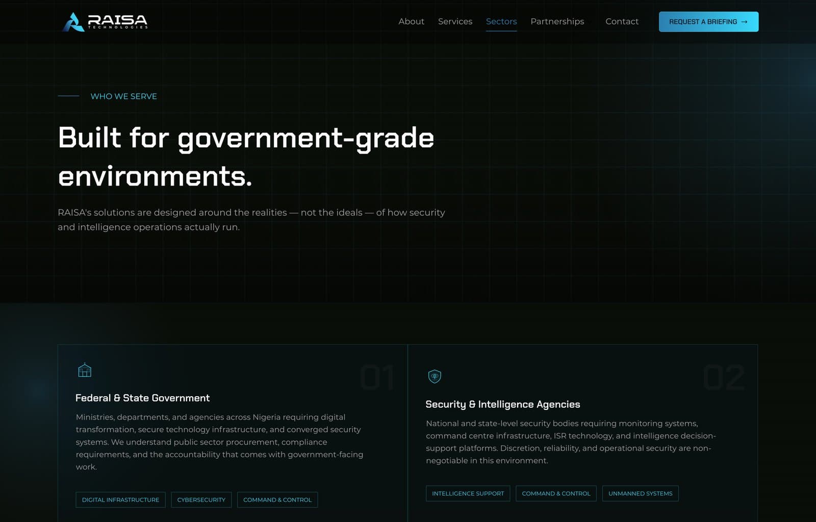 The sectors page carries the same dot grid, type and icon language into sector-specific content.