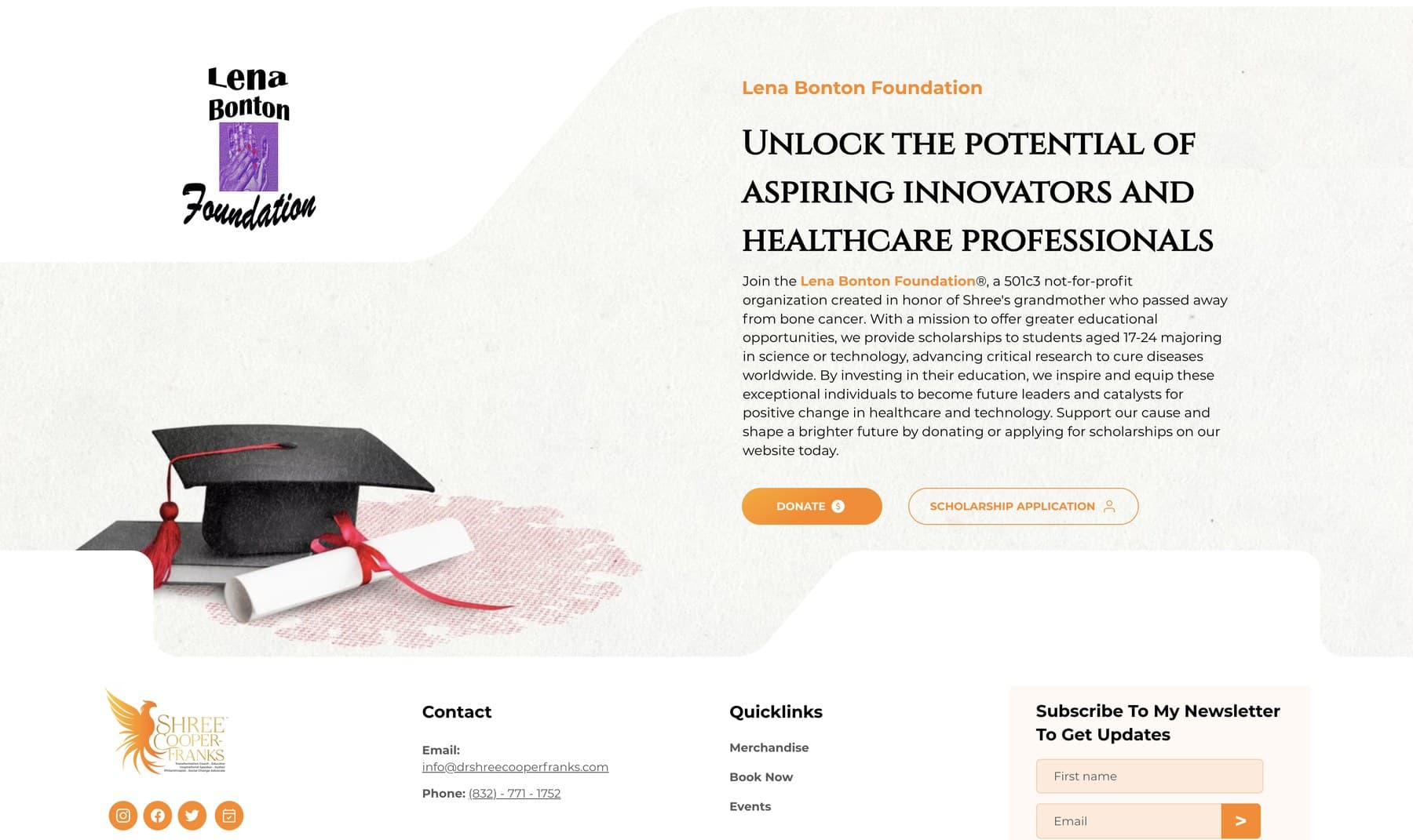 The Lena Bonton Foundation section: scholarships for students in science and technology, with Donate and Scholarship Application paths beside the newsletter signup.