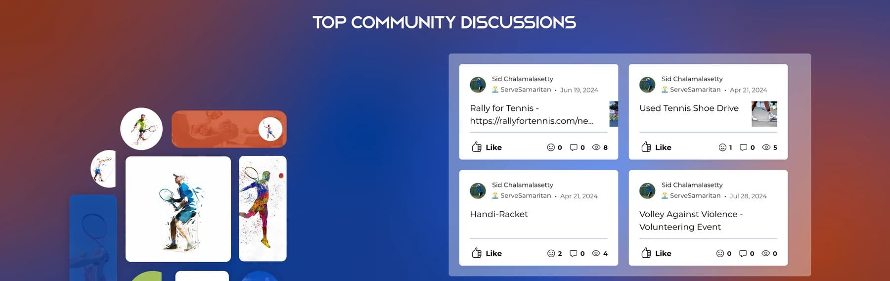 Top community discussions: real posts, from a used shoe drive to volunteering events, the reason members come back between matches.