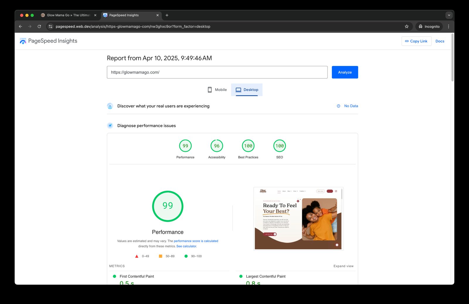 Glow Mama Go PageSpeed report, desktop performance 99
