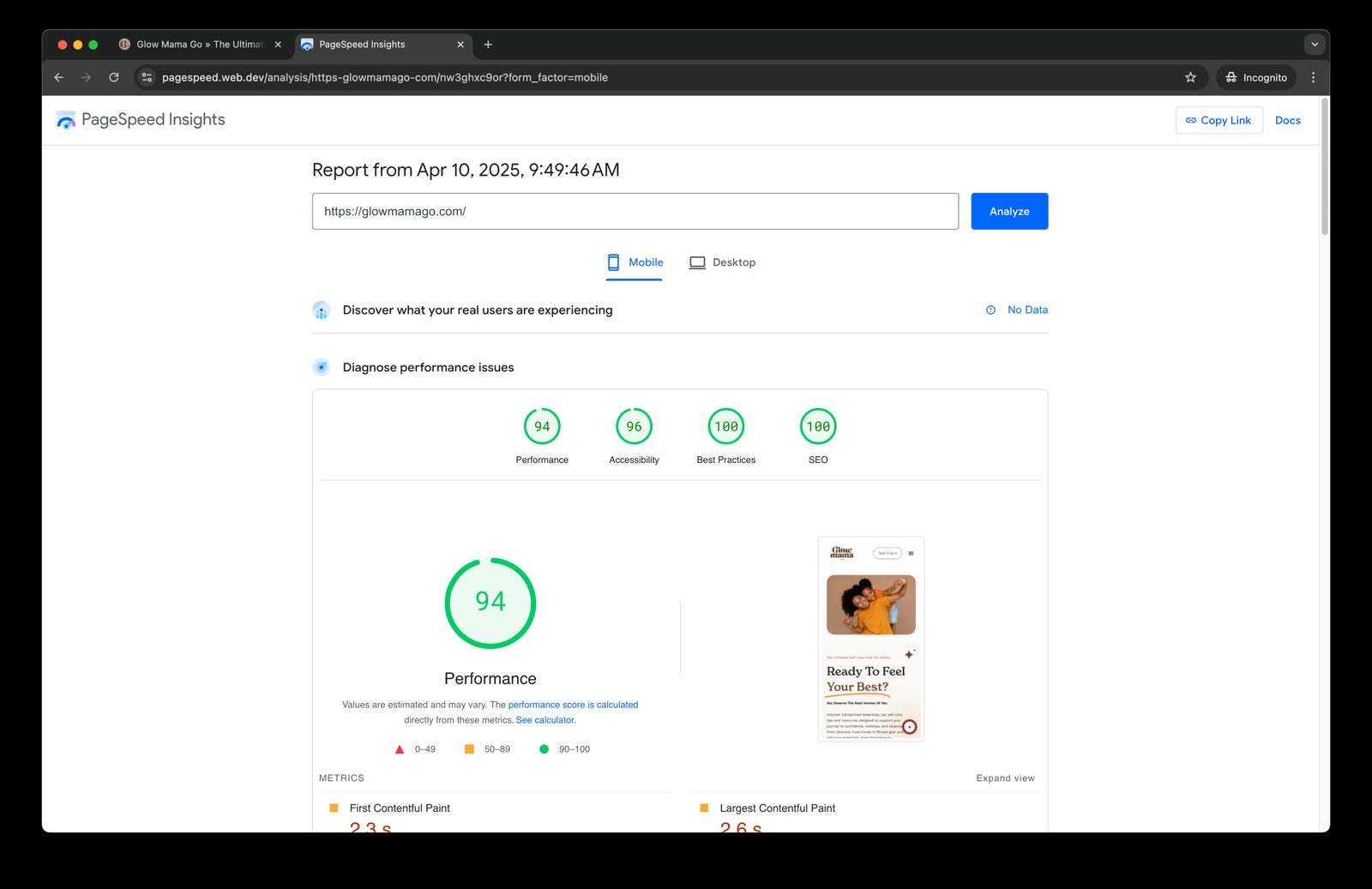 Glow Mama Go PageSpeed report, mobile performance 94